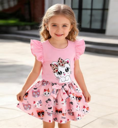 Image of Girls Skirt Set 2 Piece Outfit Toddler Summer Clothes Ruffle Sleeve T-Shirt Bow Knot Tutu Skirt Outfit Set