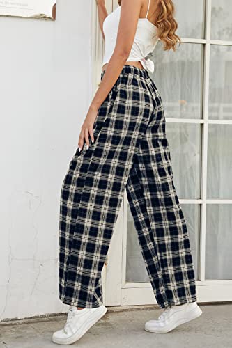 Women High Waist Plaid Baggy Pants Parechute Loose Casual Y2K Streetwear Wide Leg Sweatpants Navy S #TOP1