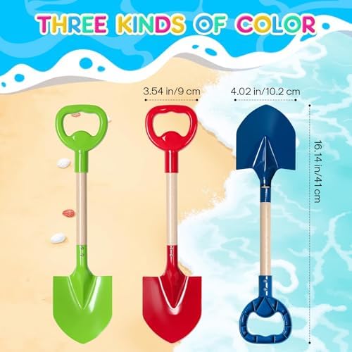 3Pcs Snow Shovel for Kids Beach Shovels,Metal Shovels with Wood Handle,16" Long Kids Garden Tool Shovels Toys,Sand Toys Set for Kids & Adults,Sturdy Sandbox Toys for Digging Snow/Sand/Garden(B)