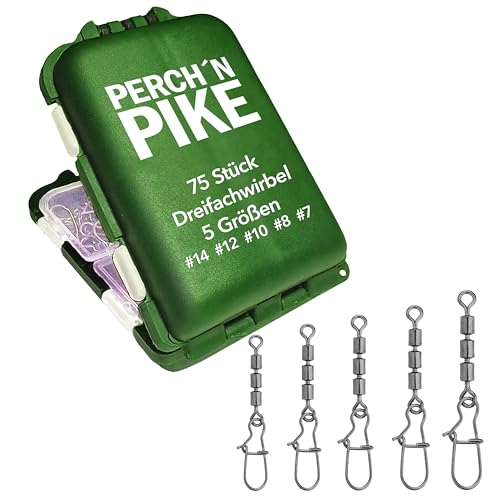 PERCH`N PIKE 75 Dreifachwirbel im Set inkl. Box Duo-Lock Snap 3-17 kg Angelwirbel Set zum Spinnfischen 5 Größen Sbirolino Wirbel für Forellen Angelzubehör für Forellenangeln