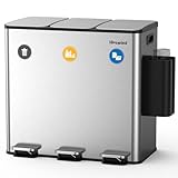 lovewind Mülleimer, 3 x 20L Recyclingeimer, 3-Fach-Mülleimer für Recycling und Abfall, inklusive Müllbeutel-Aufbewahrungsbox, magnetisches Etikett,Soft-Close-Deckel, Pedale, Inneneimer, Stahl,Silber