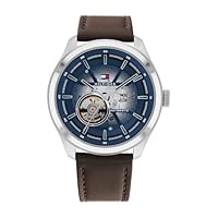 Tommy Hilfiger Men's Oliver Dark Brown Leather Automatic Watch, 1791888, Blue, 44 mm