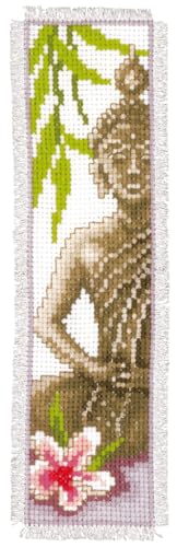 Image of Vervaco Cross Stitch Embroidery Kit for Adults, Cross Stitch Set Pre-Printed with Embroidery Design on 100% Cotton Fabric, Embroidery Templates 2,4 x 8 Inches - 6 x 20 cm, Bookmark Kit, Buddha
