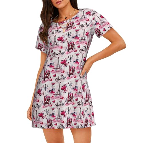 Chemise de nuit Tour Eiffel pour femme à manches courtes en coton rose doux