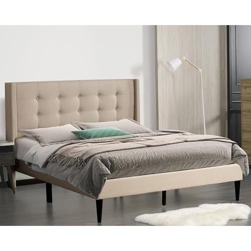 PrimeZone Full Size Bed Frame - Modern Platform Bed Frame with Wingback Tufted Headboard, Linen Fabric Upholstered Bedroom Bedframe with FSC-Certified Poplar Wood Slats, No Box Spring Needed