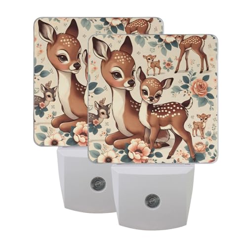 Image of Cute Vintage Fawn Deer Night Lights 2 Pack Plug-in Wall Led Nightlight Auto Dusk-to-Dawn Sensor Lamps for Bedroom Kitchen Bathroom