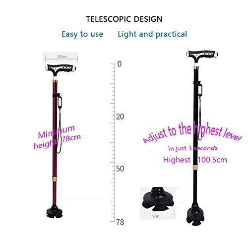 Bastón de Altura Ajustable con Masaje magnético y Tarjeta antipérdida, muletas Ligeras con Luces LED integradas, bastón Antideslizante – Hombre Mujer Ancianos Viajes Trekking Caminata