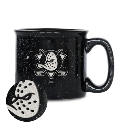 Rico Industries NHL Hockey Anaheim Ducks Black Speckle 12oz Laser Engraved Campfire Mug