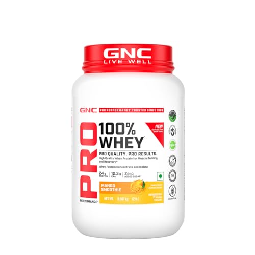 Image of GNC Pro Performance 100% Whey Protein | New Formulation | 24g Protein, 5.7g BCAAs, 12.3g EAAs | Added DigeZyme | Whey Isolate & Concentrate Blend, Low Carb (4.51g), No Added Sugar | Mango,907g
