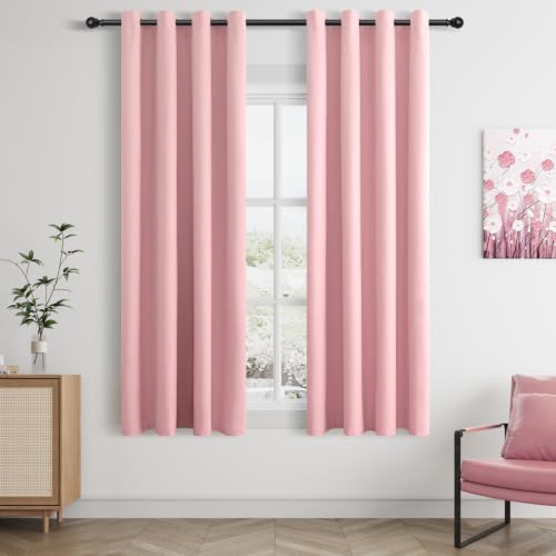 Jowels Pink Linen Grommet Blackout Curtains 63 Inch Long for Girls Bedroom