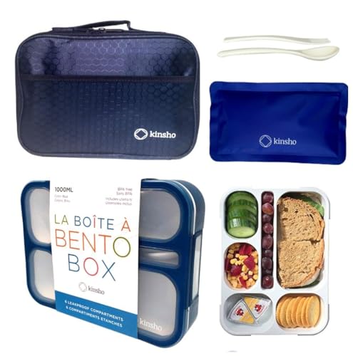 Bento-Box with Bag and Ice Pack Set. Lunch Boxes Snack Containers for Kids Boys Girls Adults. 6 Compartments, Leakproof Portion Container Boxes Insulated Bags for School Lunches, BPA Free (Navy Blue)