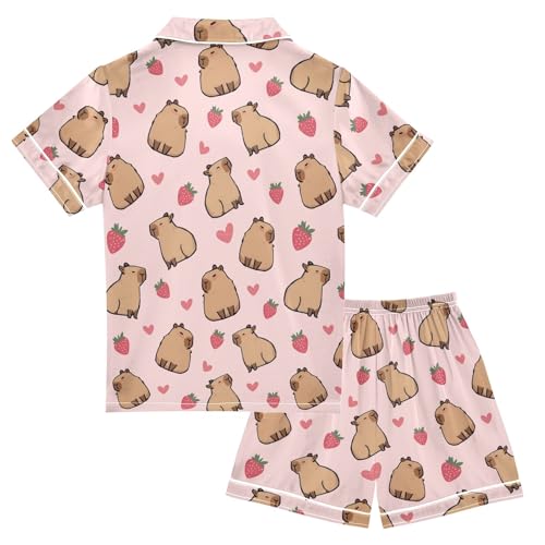 Cute Capybara with Pink Strawberry Hearts Summer Satin Pajama Set, Cute Button-Down Sleepwear Pj Set for Sleep Wears2