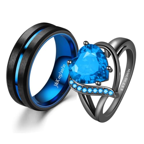 Personalized Promise Rings for Couples Matching Wedding Rings Set for Him and Her Blue Stainless Steel Engagement Rings