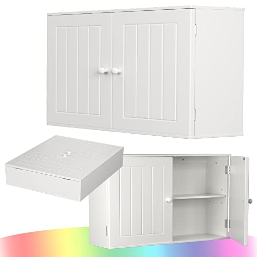 Meuble de rangement mural à 2 portes avec étagères réglables, en MDF blanc imperméable pour salle de bain, salon, chambre à coucher, cuisine (L60 x H50 x P15 cm)