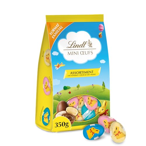 Lindt - Sachet MINI ŒUFS - Assortiment de Chocolats au Lait Fondant, Cœur au Lait et Blancs - Idéal pour Pâques, 350g