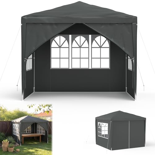 Froadp Pavillon 3x3 m, Wasserdicht Winterfest Gartenpavillon mit 4 Seitenteilen & Fenstern für Garten & Camping, UV-Schutz, Festzelt für Party, Outdoor-Events, Hochzeit, Anthrazit