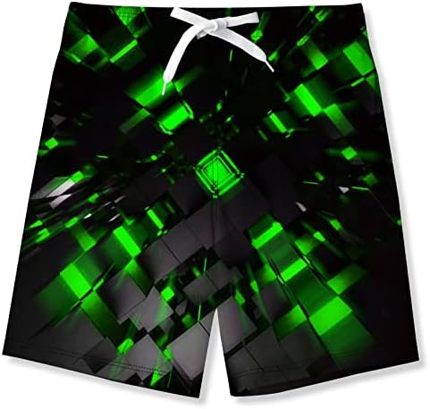 Young Boys Cool Board Shorts Optical Illusion Graphic Board Shorts Black Green Blocks Print Beach Short for Teens 13-14 Years