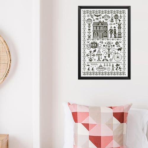 Image of FREEBLOSS 11CT Modern Cross Stitch Kit Black Vintage Sampler Cross Stitch Craft Kit with Stitching Guide for Beginners Stamped Embroidery Set Crossstitch Wall Hanging Set 13.8x19.7inch