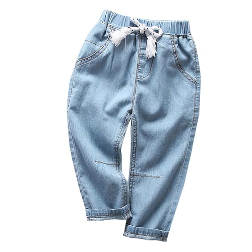 Light Blue Baggy Denim Pants for Boys Kids Straight Elastic Waist Jeans Casual Comfy with Pockets Streetwear Trouser