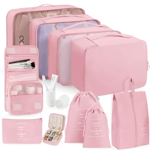 Packing Cubes 11 Set, Suitcase Organizers, Luggage Organizer Bags, Packing Cubes for Travel, with Toiletry Bag, Travel Essentials,Pink