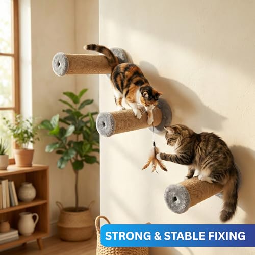 Image of Wall-Mounted Cat Scratching Poles, Natural Jute, Blue Plush Ends, Space-Saving Design (10X5 INCH) (FURR-155) (Grey)