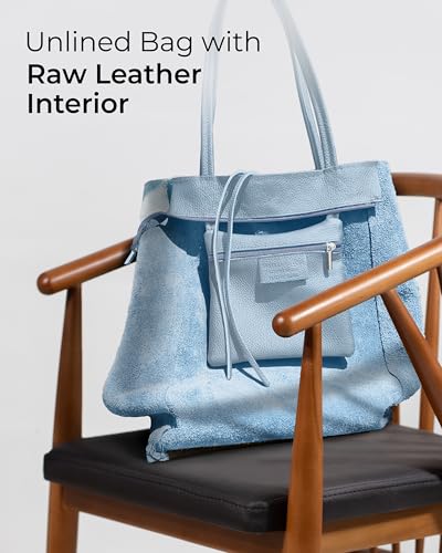 Image of Genuine Italian Leather Tote Bag for Women, Large Slouchy Purse, Denim | Unstructured bag, raw unlined interior with zip pocket, top zipper, side ties, folds flat, fits a 16-inch laptop, lightweight