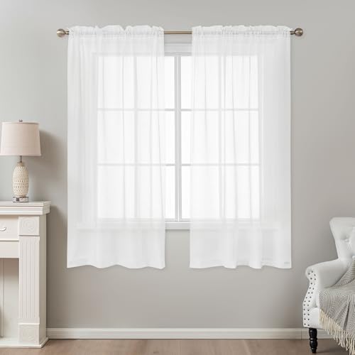 Image of White Sheer Curtains 63 Inch Length, Privacy Semi Sheer Curtains for Living Room Bedroom, Light Filtering Rod Pocket Voile Window Drapes 2 Panels Set, Each 42 inch W x 63 inch L