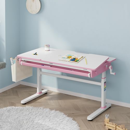 [en.casa] Scrivania Regolabile in Altezza 54–76 cm per Cameretta con Piano 120 x 60 cm Inclinabile e Cassetto Portaoggetti Tavolo Studio Disegno per Bambini Ganci Borsa Laterale - Rosa/Bianco