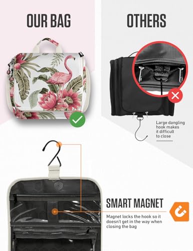 Image of VENTURE 4TH Hanging Travel Toiletry Bag, 17 Compartments - Pink Flamingo | Hangs on rails, hooks or doors; stands upright too. Removable TSA pouch. Water-resistant 900D Nylon, reinforced stitching.