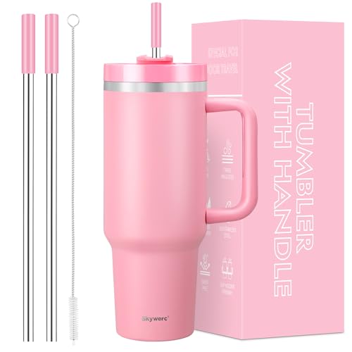 Skywerc 40 oz Tumbler with Handle and Straw, 2 in 1 Lid, Vacuum Insulated Stainless Steel Double Wall Water Bottle Travel Mug - Holiday Gifts for Women Men - Pink