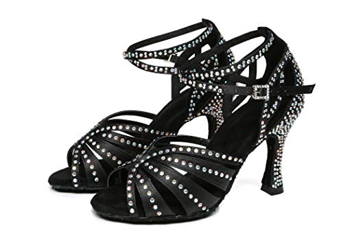 MINITOO Damskie buty do salsy z paskiem na kostkę z koralikami buty do tańca L440, Czarny, 38.5 EU