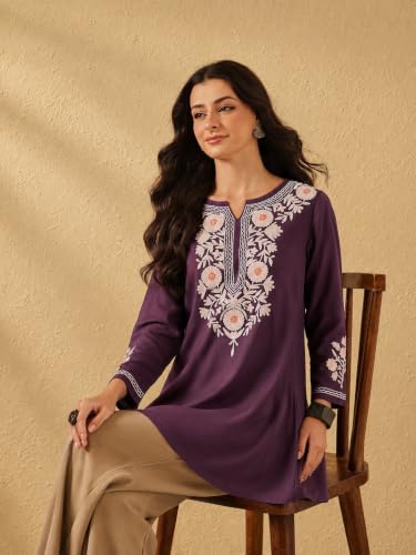 Image of QAZMI Women's Aari Embroidered Viscose Rayon Full Sleeves A-Line Flared Short Kurti