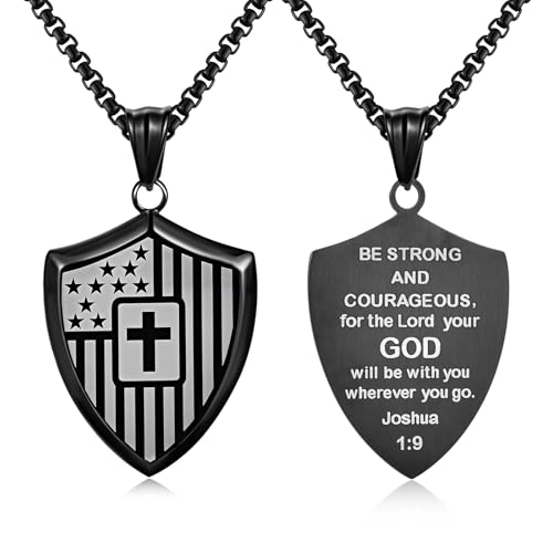 Christian Cross Bible Verse Necklace for Men - Shield American Flag Stainless Steel Chain Black Necklaces Religious Christian Catholic Jewelry Gifts for Men