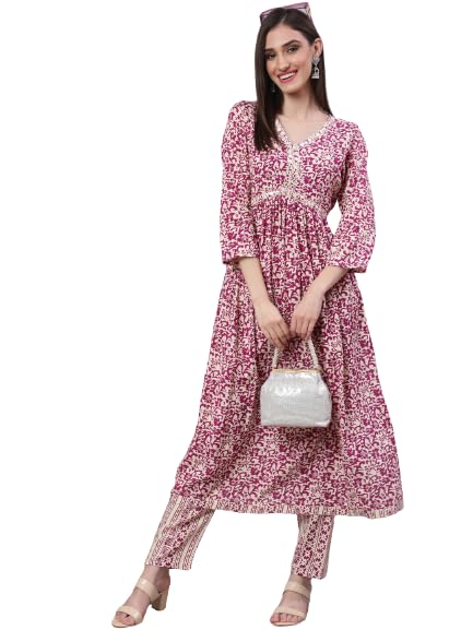 SAK JaipurWomen Rayon Printed V-Neck 3/4 Sleeves Flared Kurta Pant Set (SET-26PINK_P)