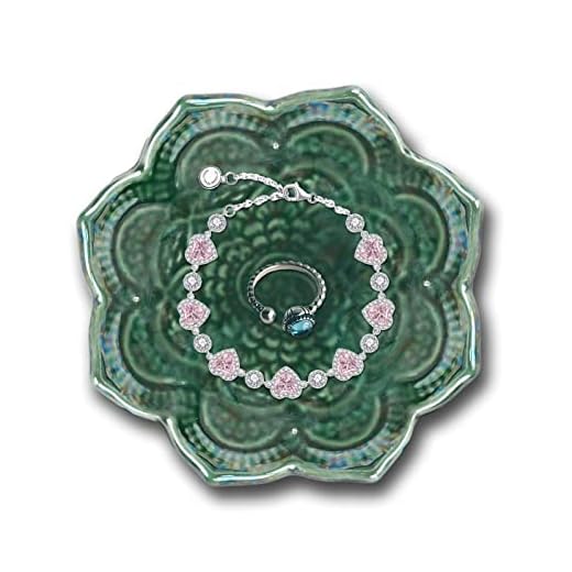 Hileyu Plato de Cerámica para Anillos Porta Joyas Decorativo Pequeño Plato para Mujeres Niña Novia Cumpleaños Navidad Boda Compromiso Regalos (Green)