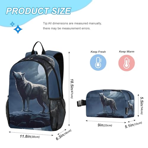 Wolf Moonlight Backpack Lunch Bag Set for Travel Hiking Picnic, Backpacks with Insulated Lunch Box2