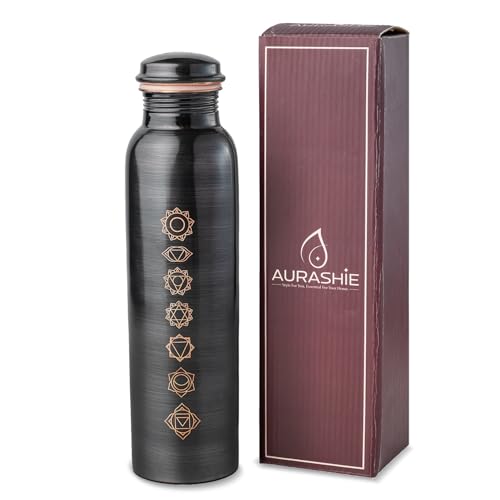 Image of Pure Copper Water Bottle 1 Litre with Sacred (7 Chakras) Geometry Design | BPA Free & Leak Proof | Copper-Infused Water | Durable & Rust Proof | Ayurveda Health Benefits - (Antique Black)