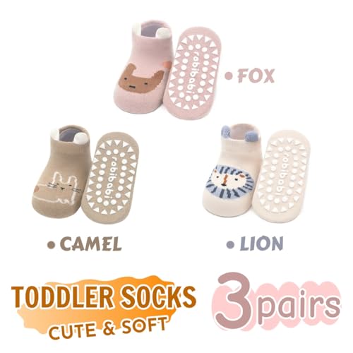 Toddler Baby Grip Socks with Non Slip Soles, Girls Boys Cute Animal Soft Cotton Socks, 0~5T, 3 Pairs2