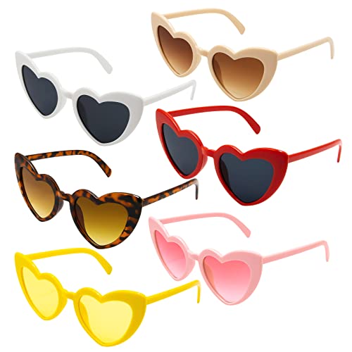 ANLIOTO 6 Stück Herz Sonnenbrille für Damen, Vintage Herzform Brille 90er Jahre Hippie Brille Kostümzubehör für Urlaub, Party, Hochzeit, Karneval, Halloween, Weihnachten