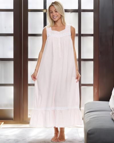Image of Alexander Del Rossa Cotton Nightgowns for Women, Victorian Nightgown, Ladies Vintage Cotton Sleeveless