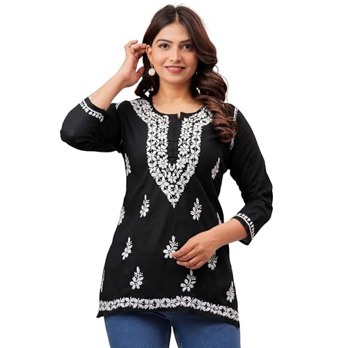 TAGAAI Women’s Black Embroidered Short Kurta Cotton Blend Ethnic Tunic Top Casual Kurti for Jeans Office Wear Floral Indian Kurta-Medium