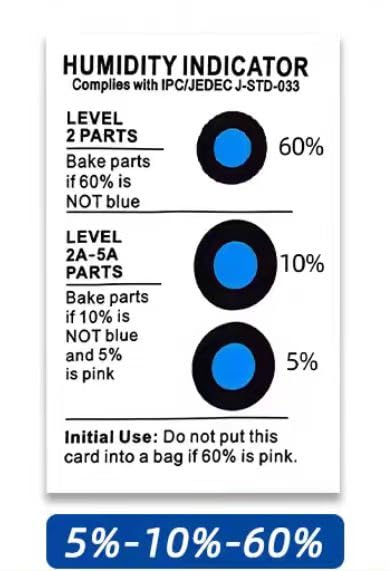 250 Pack Six-Point Humidity Indicator Card 10-60% PCB Circuit Board HIC Blue Brown Eco-Friendly Cobalt-Free Color-Changing Test Card (Blue,5-10-60%)