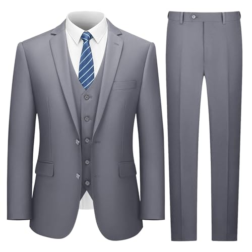 LUPURTY Bundle (Navy-S+LGREY-S) Suits for Men Classic Slim Fit,Mens Suits 3 Piece 2 Buttons Solid Jacket Vest Pants&Tie,Tuxedo Set for Party Wedding Business Prom Causal Formal,