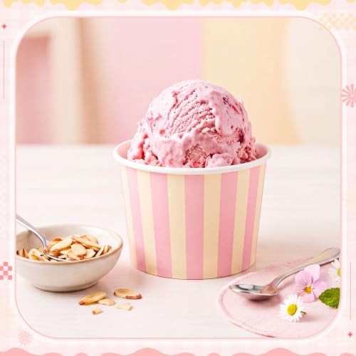 Image of Zopeal 50 Count Pink and Cream Striped Ice Cream Cups Paper Dessert Bowls | Disposable 9 oz Ice Cream Bowls, Birthday Party Supplies, Snack Cups Sundae Picnic Yogurt Bowls for Food