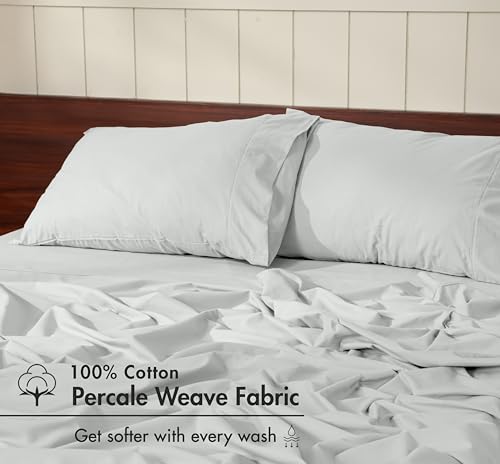 Image of RUVANTI 100% Cotton Percale Sheets California King - Crisp Cooling Summer Bed Sheets for Hot Sleepers, Deep Pocket 12 inch, Soft Peach Finish, Breathable & Durable Hotel-Style 4 Piece Set, Mineral