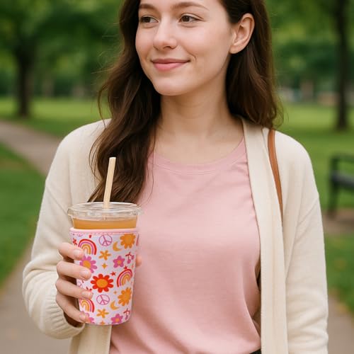 Image of Reusable Insulated Neoprene Iced Coffee Cup Sleeve, Durable Drink Sleeve for Cold Beverages, Beverage Holder for Iced Coffee, Groovy Flower