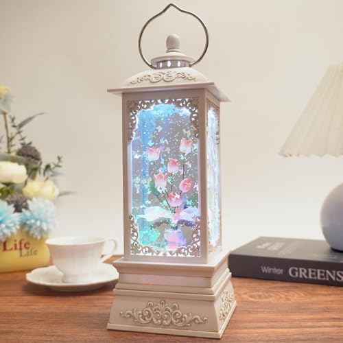 Crystal Dewdrop Rose Snow Globe Lantern with Music & 6H Timer Rose Flower Glitter Globe Lamp with RGB Lights USB & 3AA Battery Operated Spring Summer Snow Globe Gifts for Mom Women Home Decoration
