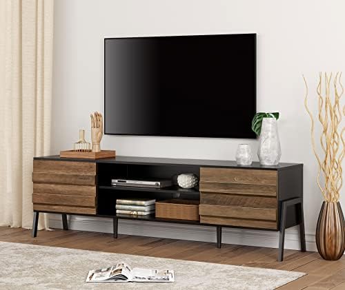 WAMPAT Mid-Century Modern TV Stand for TVs up to 75 inch Flat Screen Wood TV Console Media Cabinet with Storage, Home Entertainment Center in Black and Walnut for Living Room Bedroom, 70 inch