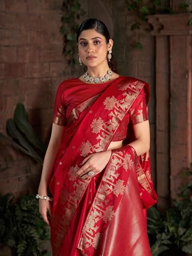 Image of MADHUHANSH Women's Cotton Silk Saree with Unstitched Blouse Piece Zari Weave and Floral Pattern | Heavy Embroidery Saree for Women | Interview Saree for Women | Readymade Blouse with Saree Set