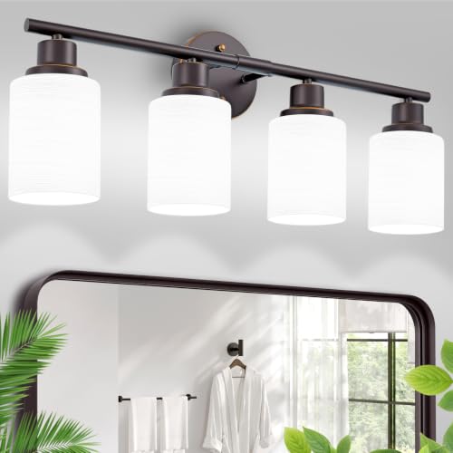 Image of 4-Light Bathroom Light Fixtures, E26 Oil-Rubbed Bronze Gold Vanity Lights for Mirror with Textured Milky White Glass Shade, Modern Kitchen Light Fixtures Wall Sconce Light